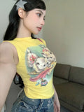 Vevesc Cute Cat Short Sleeve Print Vest for Women Summer New Slim Fit Sexy Tank Top Y2k E-Girl O-neck Sleeveless Tops Mujer