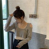 Vevesc Contrast Color Tees Preppy Style Korean Off Shoulder Y2k Sweet Tshirts Crop Tops Fake Two Piece Women Slim Fit Patchwork