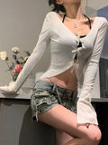 Vevesc Harajuku Summer Hollow Out Crop Tops Y2k Aesthetic Fairy Grunge Pearl Bow Women T Shirt Grunge Sexy Irregular Slim Fit Tees