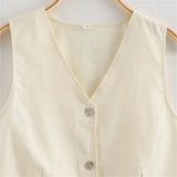 Vevesc  Summer New Women's All Cotton Casual Fashion Slim Fit V-neck Single breasted Vest&Wide Leg Pants Set