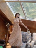 Vevesc  Women Summer French Style Vintage Lace Up High Waist A-line Dress Elegant Princess Drawstring Wrinkles Design Long Skirt