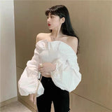 Vevesc Sexy Slash Neck Shirts Women Elegant White Ruffles Puff Long Sleeve Blouses Office Ladies Korean Fashion Black Slim Crop Tops