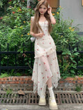 Vevesc  Fashion Sweet Dress for Women Floral Ruffles Lace Patchwork Irregular Sleeveless Design Dresses Summer Female Slim Clothing