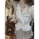 Vevesc Vintage Lace Shirts Women Streetwear Ruffles Tunic Crop Tops Blouses Sweet Korean Elegant Long Sleeve Slim Casual Blouses