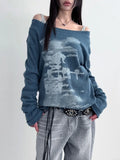 Vevesc Autumn Harajuku Women Printing Tees Vintage Streetwear Grunge Skew Collar Tops Y2k Aesthetic Loose Casual Hiphop Vintage Tops