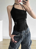 Vevesc Harajuku Sleeveless Crop Tank Top Vintage Y2k Aesthetic Sexy Bandage Halter Vest Summer Solid Pleated Camisole Fairy Grunge Tees