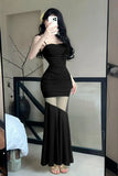 Vevesc  Black Patchwork Mesh Sheer Sexy Long Dress Women Elegant Luxury Ruffled Dress Gown Summer Korean Bodycon Party Night Dress