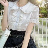 Vevesc Kawaii Lolita Blouses White Women Cute Lace Tops Ruffle Shirts Vintage Puff Sleeve Japanese Preppy Style Sweet Tops