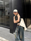 Vevesc American Vintage Washed Blue Denim Short Pants Summer Thin Straight Five-point 2024 New Loose Wide Leg Jeans Women