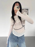 Vevesc Autumn Sexy Y2k Aesthetic Vintage T-Shirts Streetwear Off Shoulder Slim Tshirts Harajuku Bow Patchwork Bottoming Crop Tops