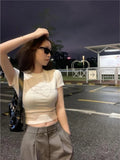 Vevesc Y2k Aesthetic Heart Letter Diamond Crop Top Summer Slim Korean Women T-shirt Casual Fashion Trendy Sweet Thirt Shirt Femme