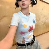 Vevesc Fashion Sweet Constrast Color Star Print Design T Shirt Summer All Match High Street Gothic Girl Crop Top Y2k Aesthetic Clothing