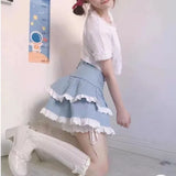 Vevesc Summer Fairycore Cake Skirt for Women Y2k E-Girl High Waist Lace A-line Skirts Harajuku Ruched Blue Faldas Mujer