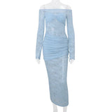 Vevesc  Women's Lace Long Dress Fashion Sexy One Shoulder Long Sleeve Patchwork Slim Dress Summer Party Club Holiday Dresses Y2k