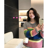 Vevesc Y2K Striped Sweater Women Streetwear Rainbow Patchwork Knitted Jumper Harajuku Korean Oversized Knitwear Pullovers Tops