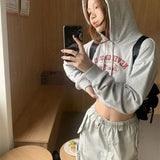 Vevesc American Vintage High Waist Sudaderas Mujer Letter Slim Y2k Women Hooded Chic Preppy Style Crop Tops Sweatshirts Short