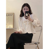 Vevesc S-3Xl Elegant Bow Shirts Women Sweet Pink Puff Long Sleeve Blouses Korean Fashion White V Neck Pearl Buttons Crop Tops New