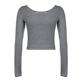 Vevesc Cyber Grunge Striped T-shirt Women Low Cut O Neck Long Sleeve Slim Fit Tees Vintage Aesthetic Y2K Retro Crop Tops Streetwear