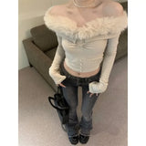 Vevesc Sexy Popular Off Shoulder Plush Tops Women Autumn Slim Fit Sweaters Mujer Y2k E-Girl Long Sleeve Bottoming Pullovers