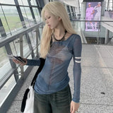 Vevesc Fashion Print Slash Neck Bottoming Tops Women Y2k E-Girl Mesh Long Sleeve T-shirts 2024 Summer New Slim Fit Tee Shirts