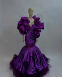 Vevesc Real Image Dark Purple Mermaid African Evening Dresses With Handmade Flower Details Puffy Sleeves Nigerian Long Evening Gowns