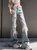 Vevesc Vintage Blue Ripped Baggy Jeans Women Denim Trousers 2000s High Waist Y2k Streetwear Female Punk Wide Leg Pants Female Clothes