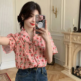 Vevesc Vintage Shirts Women Sweet Elegant Floral Print Blouses Summer Retro Streetwear Harajuku Korean Loose Casual Cardigan Tops New