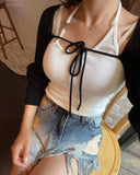 Vevesc Knitted Cardigans Design Sense Drawstring Ice Silk Shawl Sunscreen Summer Fashion Long Sleeve Solid Loose Top Black Shirts