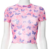 Vevesc Butterfly Printed Pink Mesh Sheer Cute T Shirt for Girls Graphic Tees Trendy Clothes 2024 Summer Crop Tops