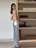 Vevesc Sexy Sling Backless Silvery Maxi Dresses For Women Fashion High Waist Bodycon Sleeveless Robes Female Evening Party Vestidos