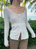 Vevesc  Gray Hollow Out Slim Long Sleeve T-shirt Women Sexy Scoop Neck Single-breasted Cotton Tees Solid Simple Sweet Knit T Shirt Y2k