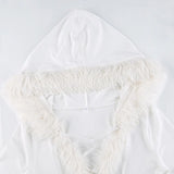 Vevesc Y2k Bodycon Dress for Women Fur Trim Hoodie Dresses Sexy Deep V Neck Long Sleeve Mini Short Dress Vintage Aesthetic Cute Clothes