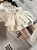 Vevesc Kawaii Lolita Skirt Women Japanese Fashion High Waist A-line Bow Bandage Vintage Mini Ruffles Suspender Skirt Summer