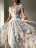Vevesc  French Vintage Court Style Midi Dress Elegant V Neck Slim Wasit Party Prom Vestidos Summer One Piece Robe Female Clothes