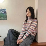 Vevesc Y2K Striped Sweater Women Harajuku Turtleneck Knit Pullovers Korean Patchwork Knitwears Vintage O Neck Slim Jumpers Tops