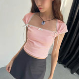 Vevesc Lace Bandage Shirts For Women 2024 Summer Pink Lovely Crop Tops Womens Street Casual Bodycon Lace-Up Tank Top Ladies