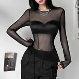 Vevesc Black Tight Sexy Perspective Hot All-match Casual High Elastic Soft Breathable Women's Thin Autumn And Winter Base Shirt