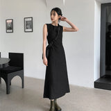 Vevesc Hollow Out Dress Women Elegant Solid Sleeveless A Line Midi Dresses Summer Korean Drawstring Backless Sundress Vestidos