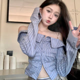 Vevesc Korean Fashion Spicy Girls Long Sleeve Off Shoulder Striped Shirt Women Tops Autumn Unique Versatile One Shoulder Slim Short Top