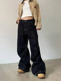 Vevesc Grunge Black Jeans Women Y2k Vintage Oversized High Street Wide Cargo Denim Trousers Casual Baggy Straight Denim Pants