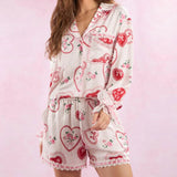 Vevesc Women Slik Satin Lounge Sleepwear 2 Piece Set Heart Print Lace Trim Button Up Blouse Shirt Tops + Shorts Valentine's Day Pajamas