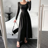 Vevesc  Hepburn Style Fashion Elegant Women A Line Dress Summer Elastic Slim Long Sleeve Midi Dress High Waist O Neck Pleated Dress