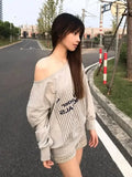 Vevesc Sexy Vintage Off Shoulder Sweatshirts Women Y2k Gray Letter Printed Jersey Tops Korean Style Oversized Pullovers Casual
