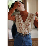 Vevesc Vintage Sweater Vest Women Print Knit Waistcoat Harajuku Cropped V Neck Sleeveless Knitwear Korean Single-Breasted Jumpers