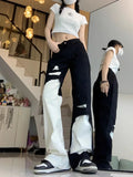 Vevesc Trend Street Black White Denim Pants Women Y2k E-Girl High Waist Irregular Trousers Summer Loose Straight Wide Leg  Jeans