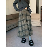 Vevesc Vintage Plaid Skirt Women Elegant Pleated Korean Style Long Skirts High Waist Autumn Winter A-line Skirts Aesthetics