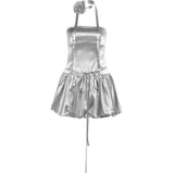 Vevesc American Sweetheart Mini Dress Hot Girl Liquid Metal Silver Strap Waist Slim Puffy Dress Sexy Backless Neck Hanging Short Skirt