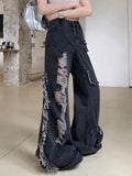 Vevesc American Street Heavy Washed Jeans For Women 2024 Summer New Hole Hollow Out Straight Trousers Y2k E-Girl Loose Wide Leg Pants