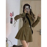 Vevesc Harajuku Vintage Y2k Clothes Turn Down Collar OverSleeve Sashes Pleated Dresses Summer Solid Color Female Slim Women Dress