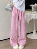 Vevesc  Loose Wide Leg Pants Women Summer New Korean Fashion Lazy Style Casual Plaid Pants Elastic High Waist Straight Women's Pants